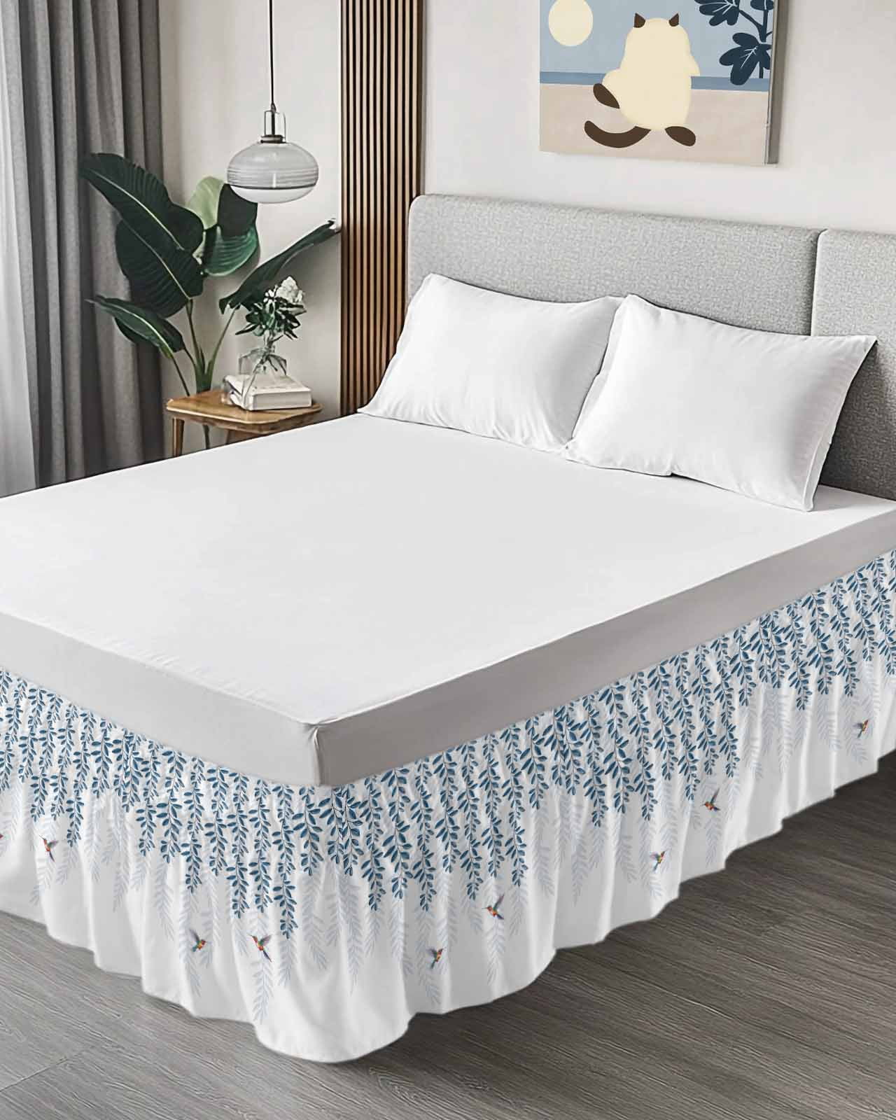 Blue Botanical Bed Skirt King Size, Pastoral Spring Floral Summer Birds Wrap Around Bed Skirting with Adjustable Elastic Strap, Dust Ruffled Pleated Bedskirts 18 Inch Drop for Bedroom King Beds