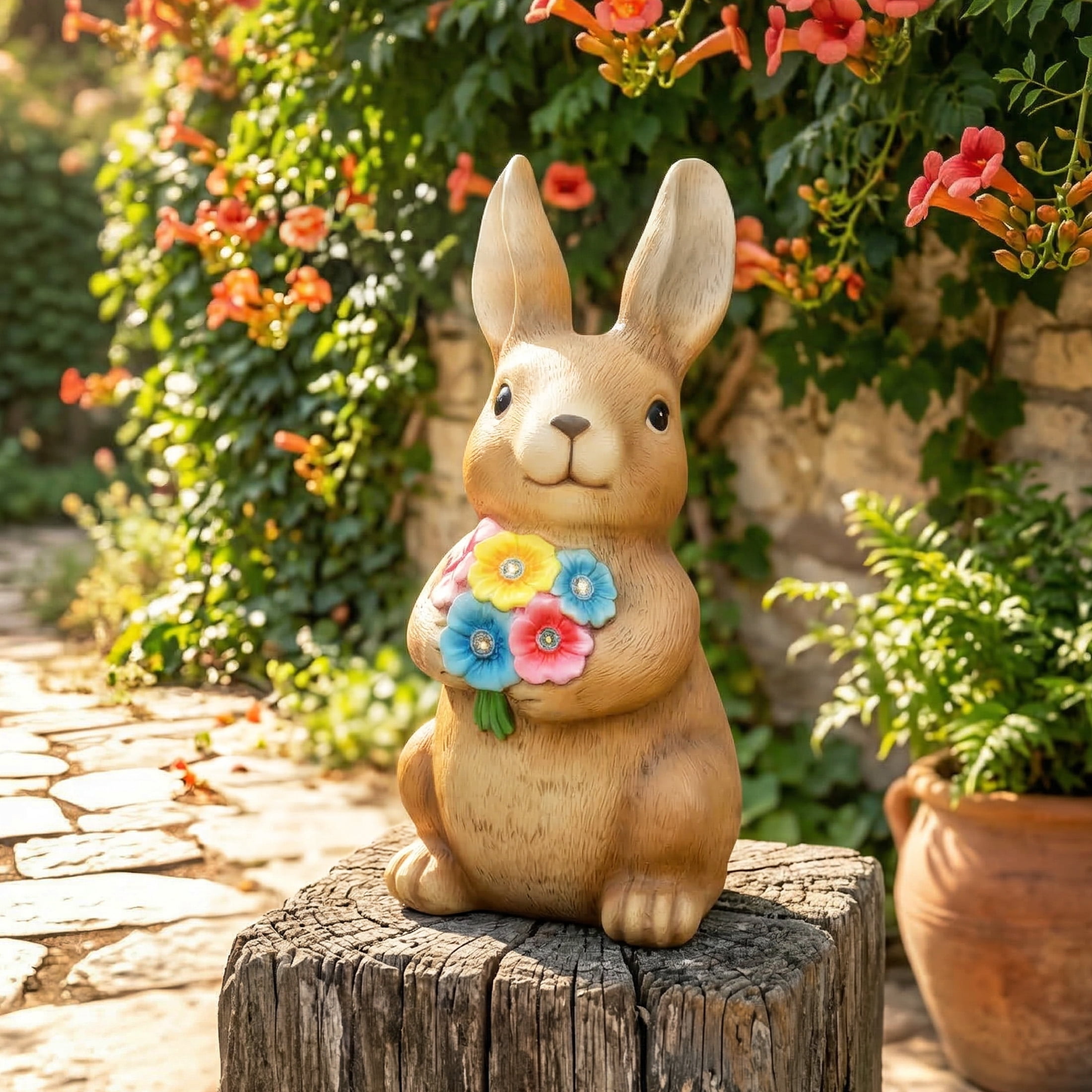 The Growing Ground Solar Bunny Garden Statue with LED Light, Outdoor Resin Rabbit Lawn Decor for Garden, Patio, Pathway, Brown