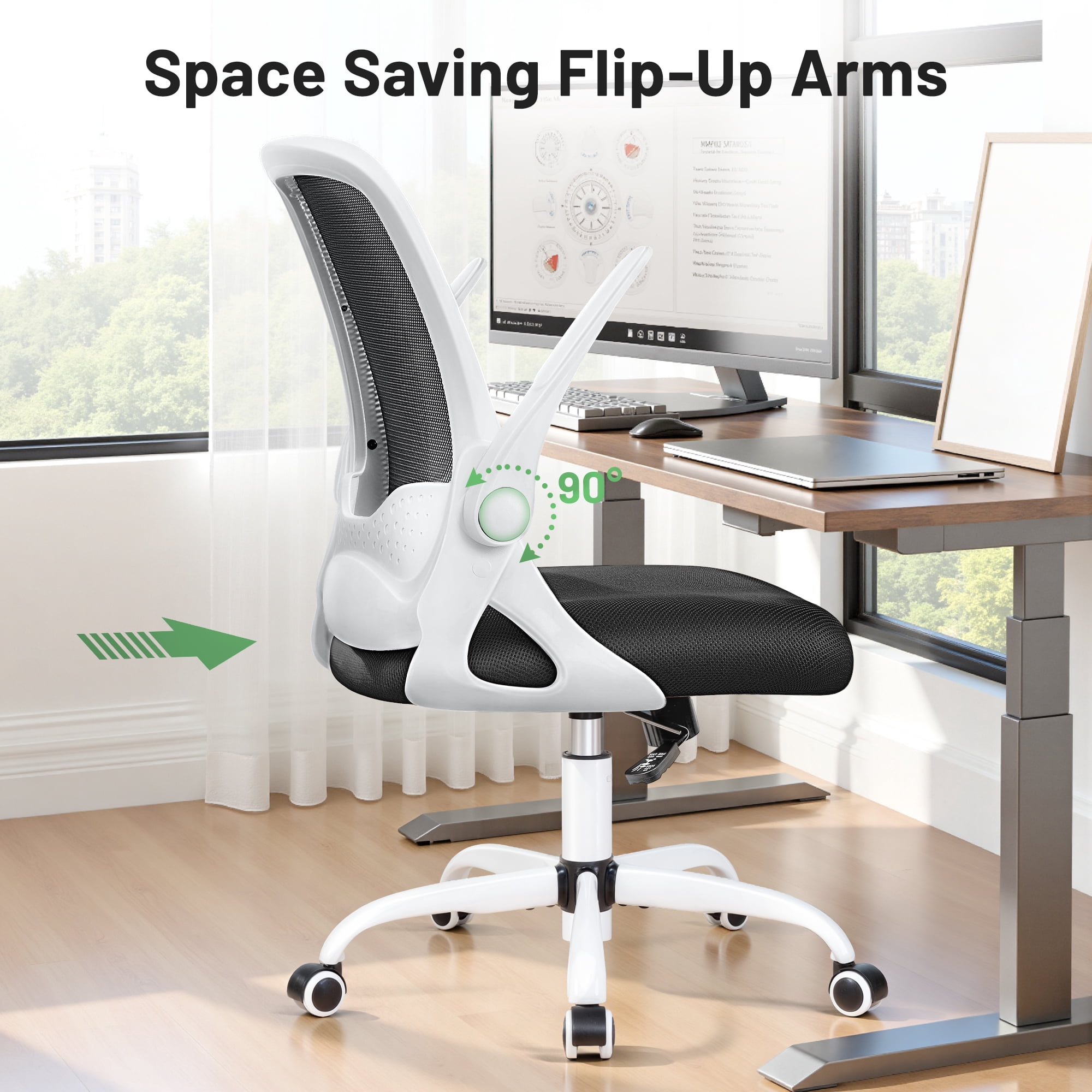 ATHOPE Office Chair, Ergonomic Desk Chair with Lumbar Support Adjustable Height Swivel Wheels Flip-up Arms Mesh Computer Gaming Chair for Home Office, White
