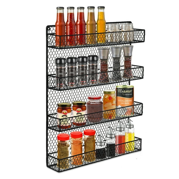 Wall Mount Spice Rack Organizer For Cabinet Shelf 4 Tier Black Iron Seasoning Pantry Door Storage Kitchen Com Wall Mount Spice Rack Organizer For, Spice Cabinet Wall Mount