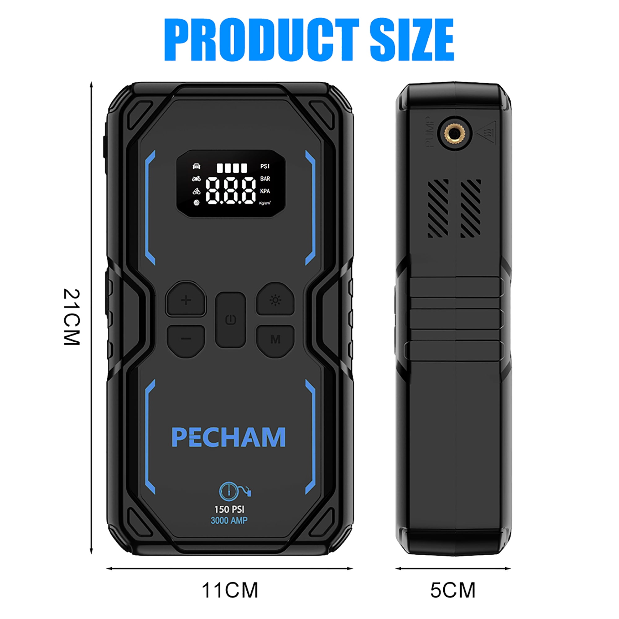 Pecham 3000A Car Jump Starter with Air Compressor, 150PSI Battery Jump Starter (for All Gas or up to 8.0L Diesel), 16000mAh Portable Car Battery Booster with LED Screen, 3 Modes Flashlight
