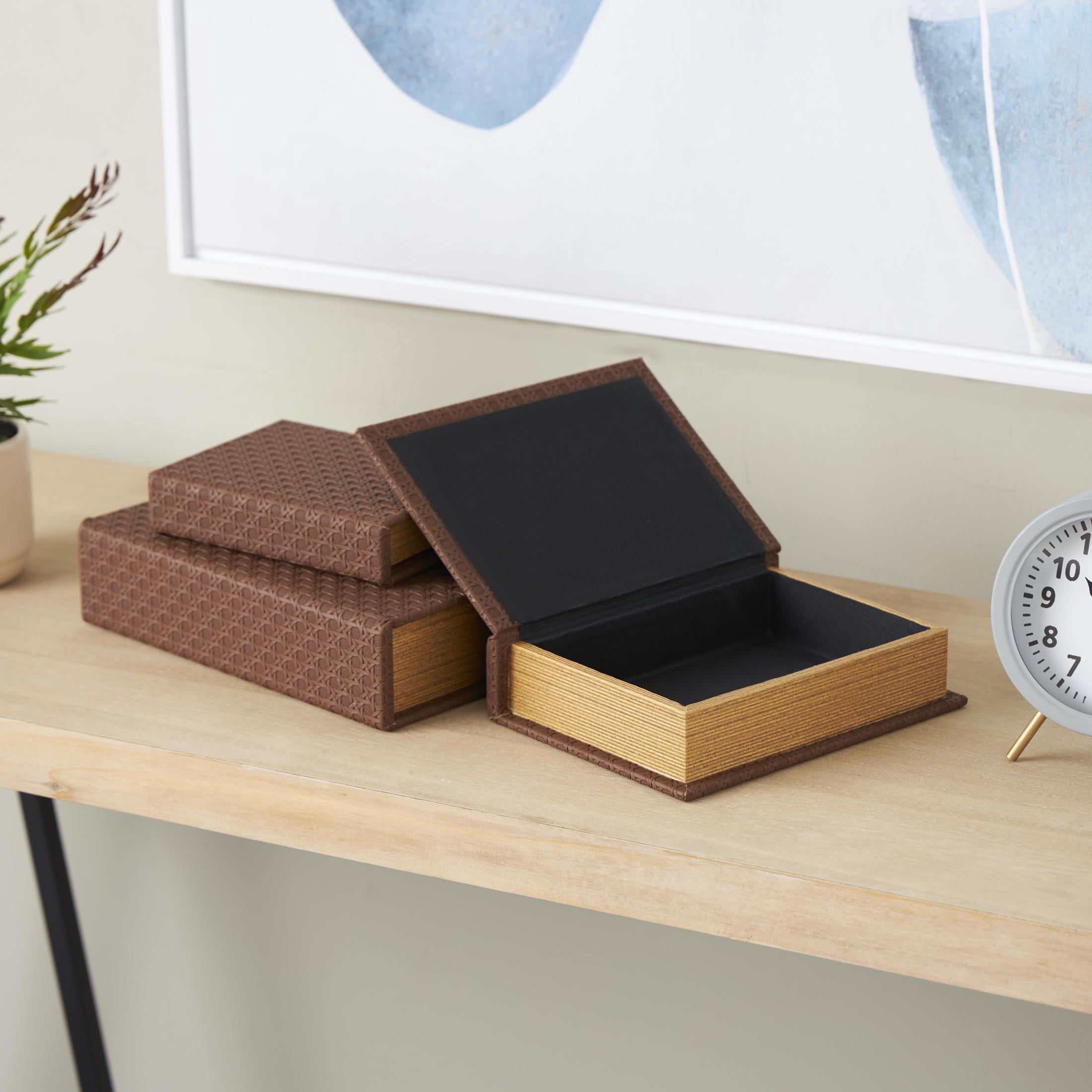 DecMode Woven Grid Faux Book Storage Brown Faux Leather Decorative Box, 3 Count