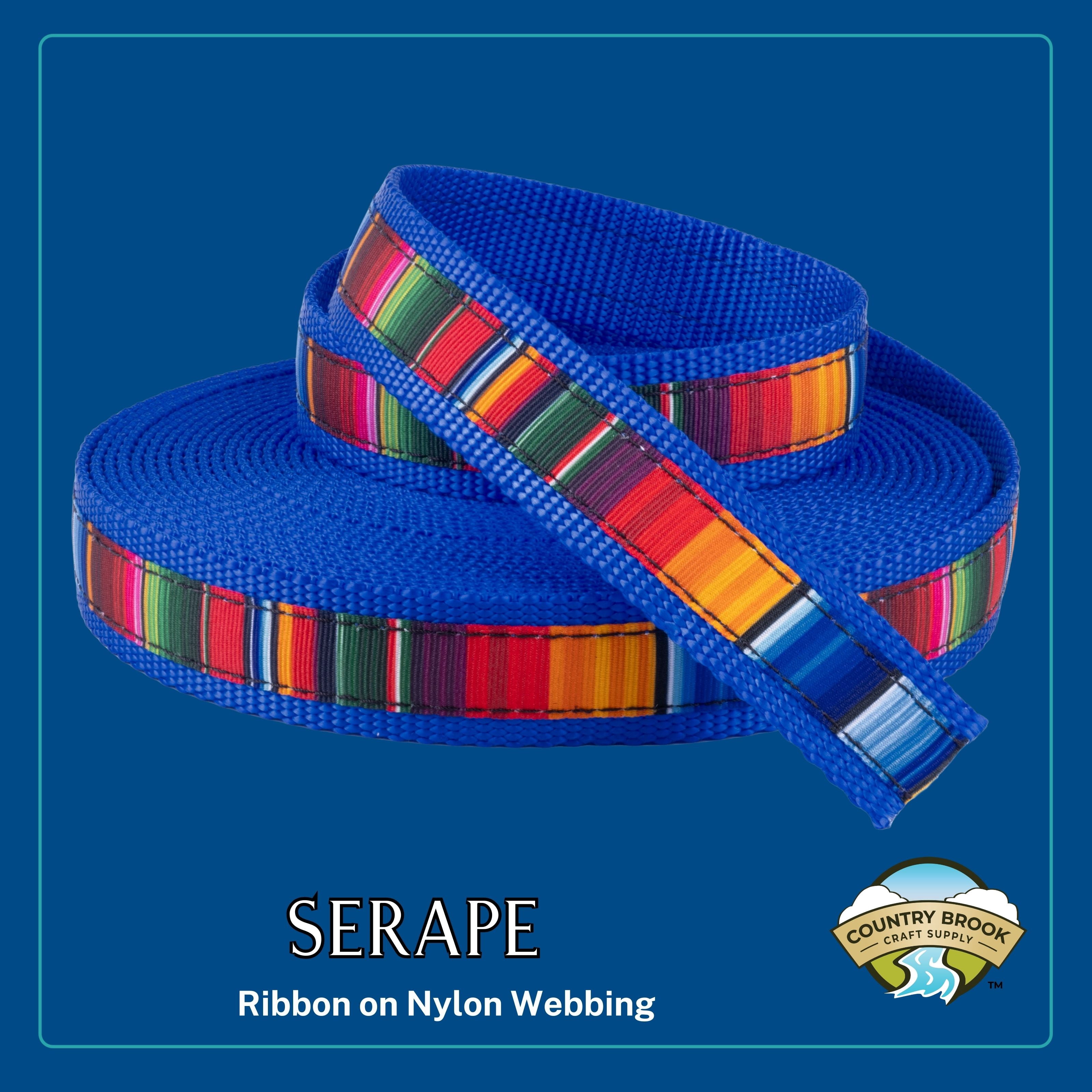 Country Brook Design® 5/8 inch Serape Ribbon on 1 inch Bright Royal Blue Nylon Webbing, 20 Yards