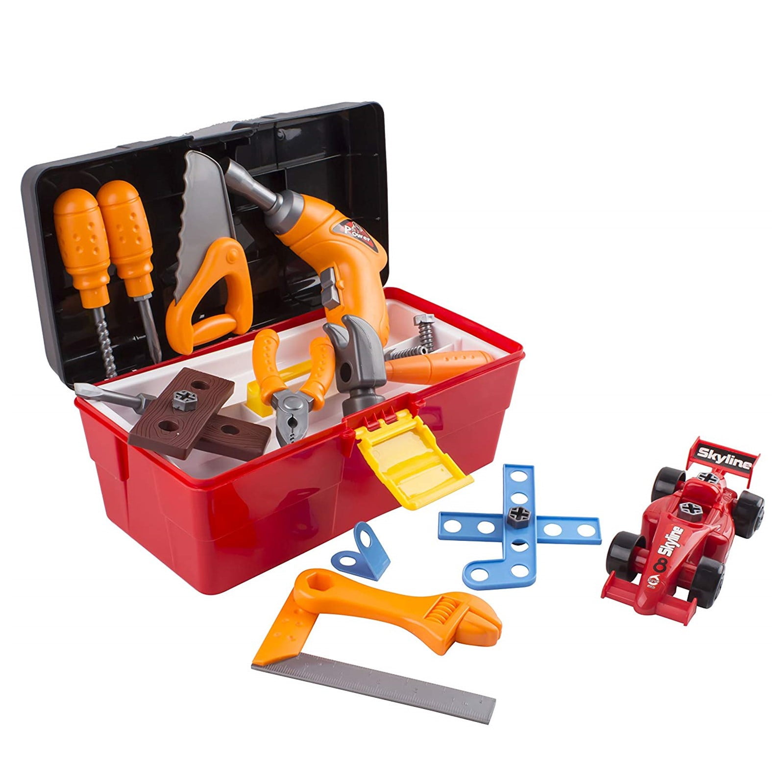 44 Piece Toy Tool Set Portable Construction Kit Includes Electric Drill Hammer Wrench