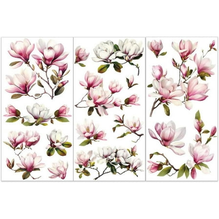 3pcs/Set Magnolia Rub on Transfers for Furniture and Crafts 6x12 inch Flower Decor Transfer Stickers Vintage Floral Rub on Decals for Wood Furniture Scrapbooking Home Decorations for DIY