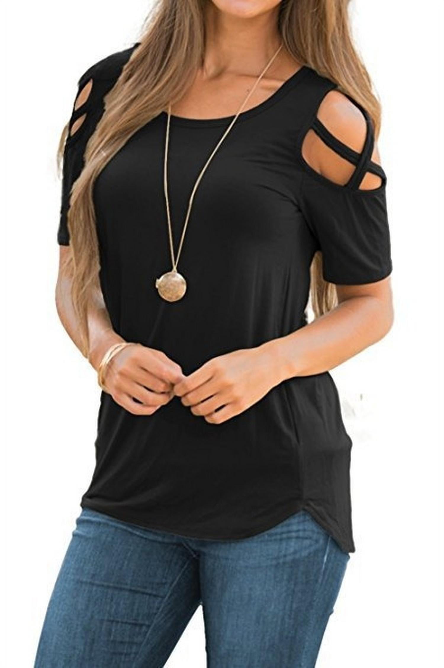 Women Short Sleeve V Neck Tops Hollow Out Casual Tunic Solid Blouse Tops Summer Lace Tee Tops Womens Summer Tops 