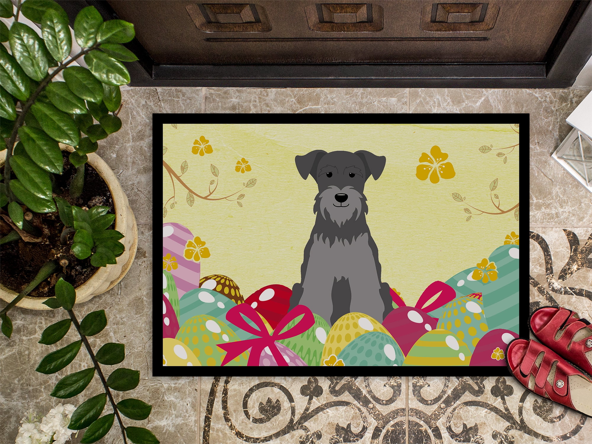 Carolines Treasures BB6052JMAT 24 x 36 in. Easter Eggs Miniature Schanuzer Black Silver Indoor or Outdoor Mat