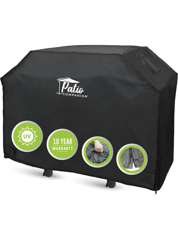 Patio Companion Premium, 72 Inch BBQ Grill Cover, 10 Year Warranty, Heavy-Grade UV Blocking Material, Waterproof and Weather Resistant, Gas Grill Cover for Weber, Char Broil, Broil King, Etc. Black