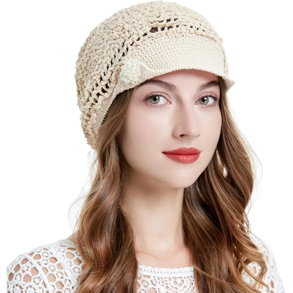Women Summer Slouchy Crochet Hat Handmade Cutout Knit Skull Cap with Visor