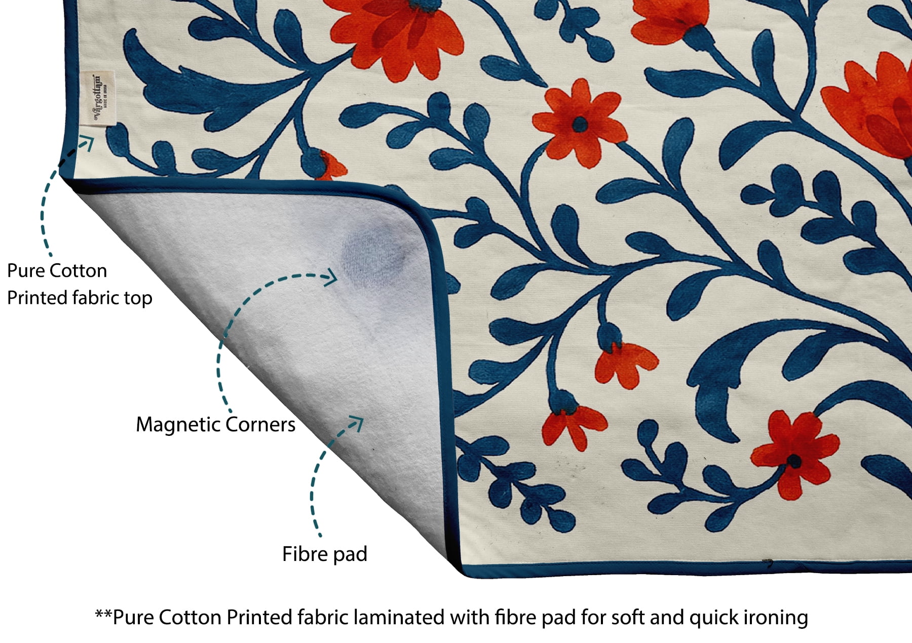 Vargottam Portable Ironing Mat - 28"x48" Foldable Cotton Ironing Pad with Silicone Rest & Magnetic Corners - Travel-Friendly, Space-Saving Iron Board Alternative for Small Homes, Dorms, RVs - Floral