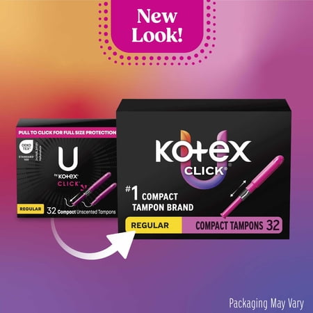 Kotex Click Compact Tampons, Regular, Unscented, 32 Count