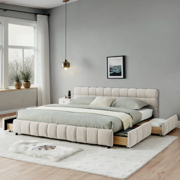 California King Bed Frame with Drawers, Upholstered Chenille Bed, Beige (90.5" x 80.5" x 31")