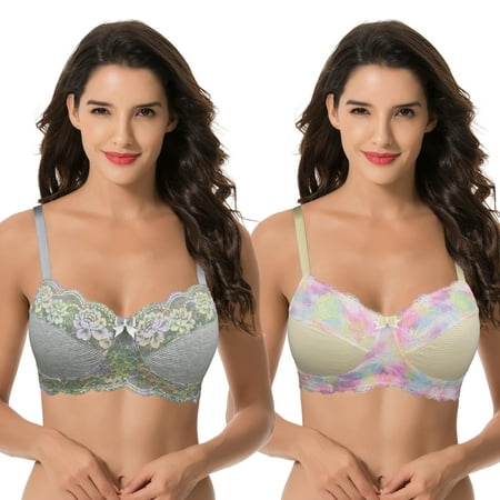 Curve Muse Women s Plus Size Minimizer Wirefree Unlined Bra With Lace Trim-2Pack-GRAY YELLOW-46DDDD