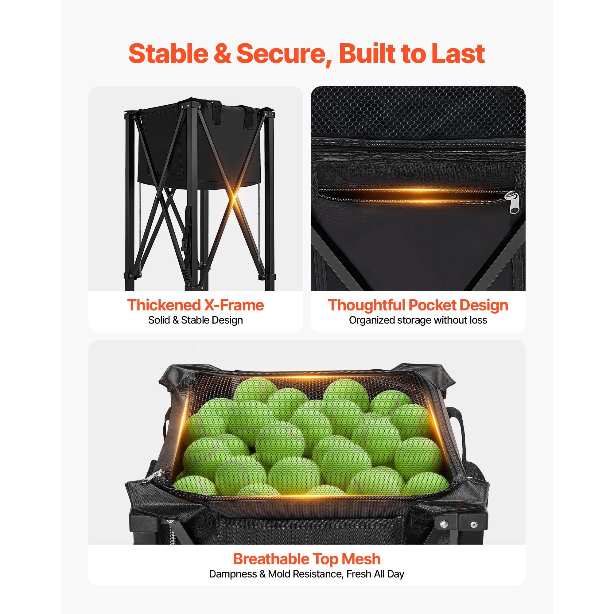 Tennis Pickleball ball funnel for 120 balls, foldable cart with wheels, lightweight aluminum, storage bag for training