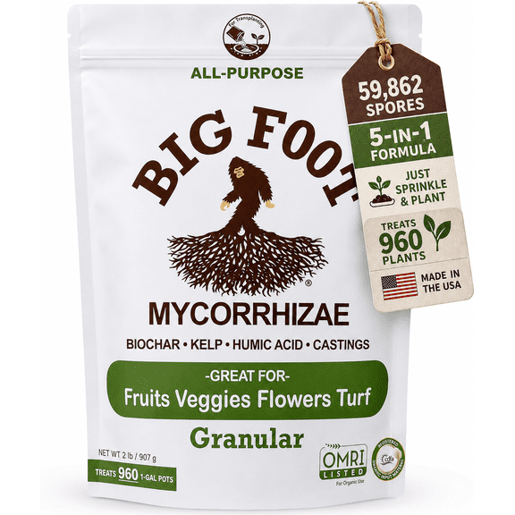 Big Foot Granular Mycorrhizae - Double Your Plant Size – Easy to Use – Made in USA – Treats 240 Plants (60,000 mycorrhizal Spores) 2 Pounds