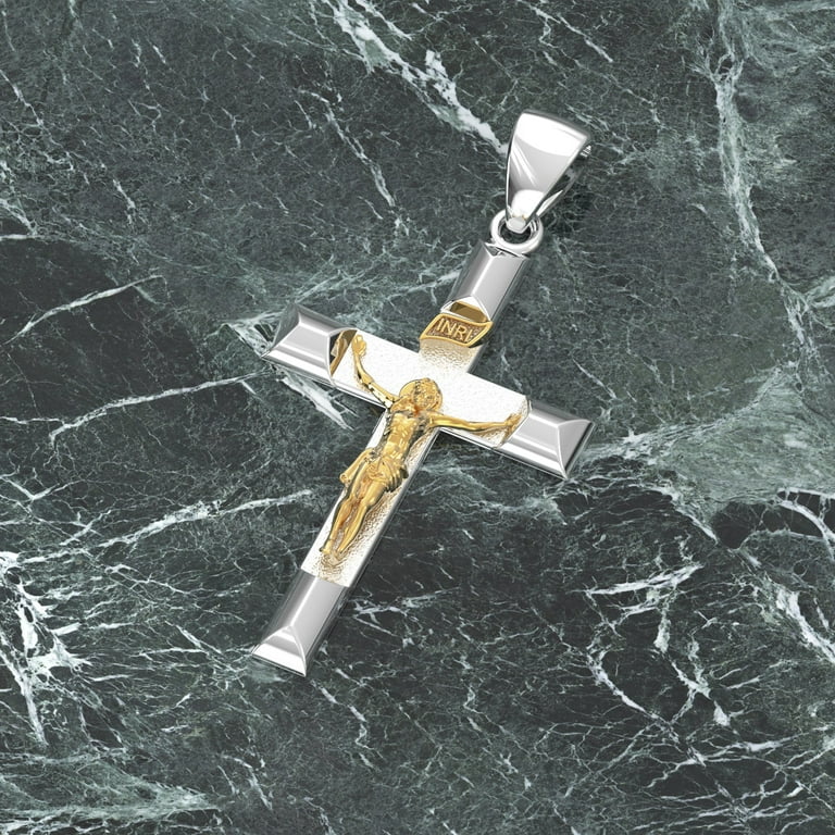 Ladies 925 Sterling Silver 14K Gold High Polished Crucifix Cross Pendant Necklace 32mm