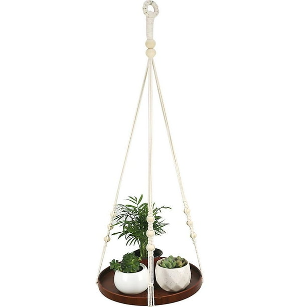 CmP003 Colgador de macramé para plantas, macetero colgante para interiores, estante, maceta decorativa para flores, cuerda de algodón con placa de madera