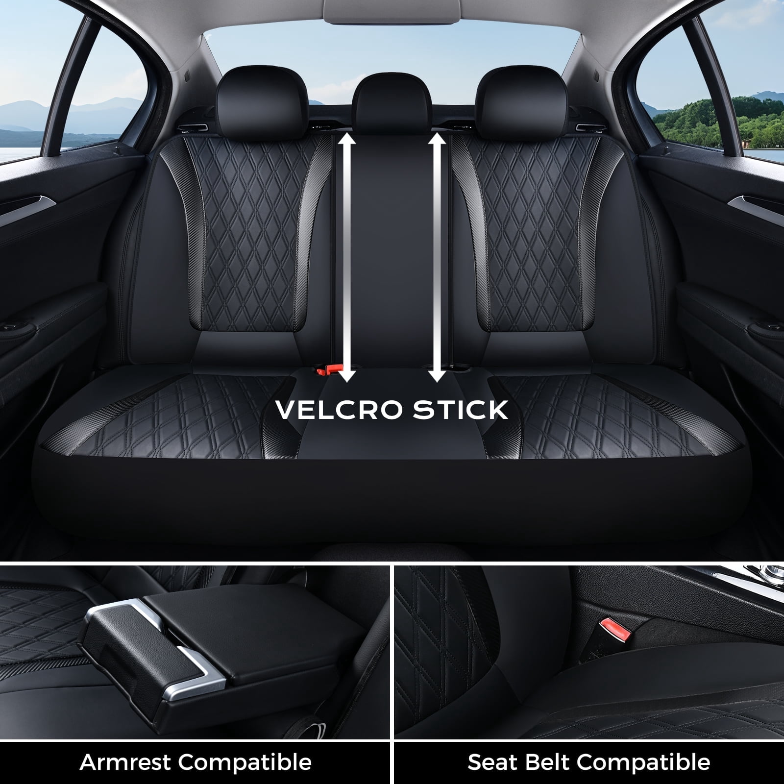 Coverado Car Seat Covers, Faux Leather with Carbon Fiber Front and Back Car Seat Protectors, 5 Seats Universal Fit for Most Cars SUV Trucks, Black