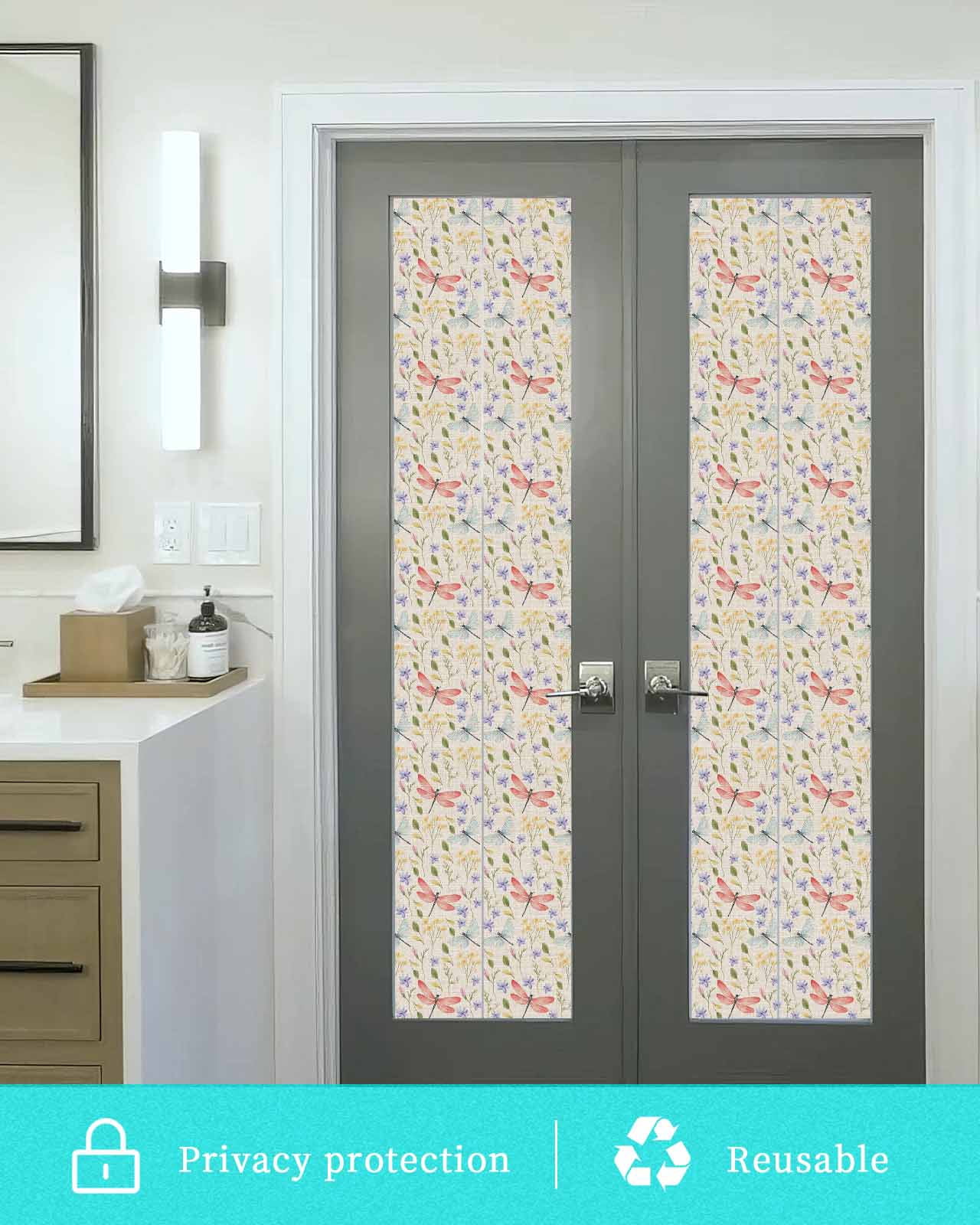 Window Privacy Film Red Dragonfly Stained Glass Window Film Decorative Sun Block Window Cover Spring Botanical Pastoral Flowers Window Clings Static Adhesive Sticker for Bathroom 17.7"x78.7"