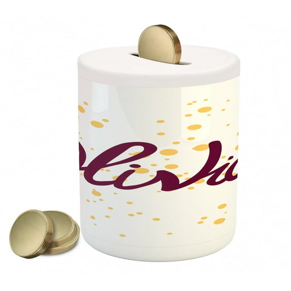 Olivia Piggy Bank, Dotted Background with Calligraphic Traditional Female Name Illustration, Ceramic Coin Bank Money Box for Cash Saving, 3.6" X 3.2", Maroon and Mustard, by Ambesonne
