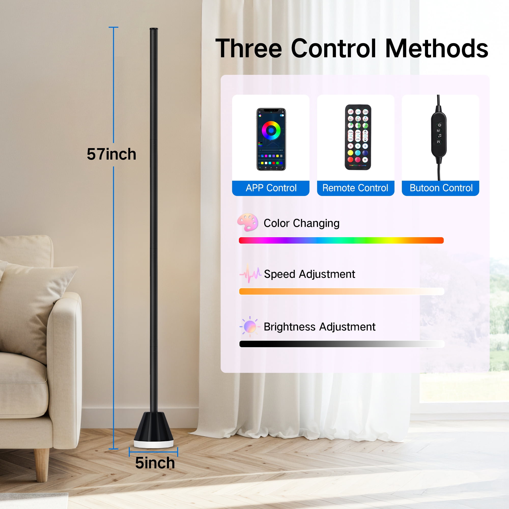 OUTON  2 Pack Smart RGB LED Corner Floor Lamp, Modern Standing Lamps with APP & Remote Control, 16 Million Colors 2000LM Bright Ambient Lighting, Music Sync for Living Room Bedroom