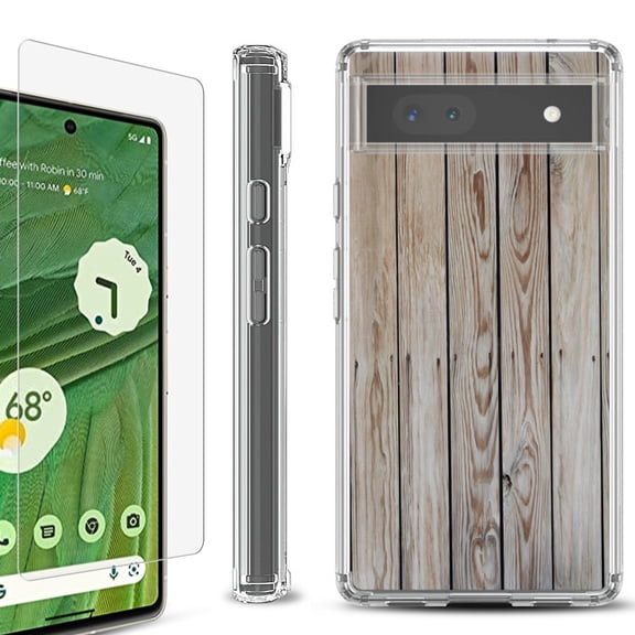 Shockproof Bumper Phone Case for Google Pixel 6a, with Tempered Glass Screen Protector, by OneToughShield ® - Wood Print