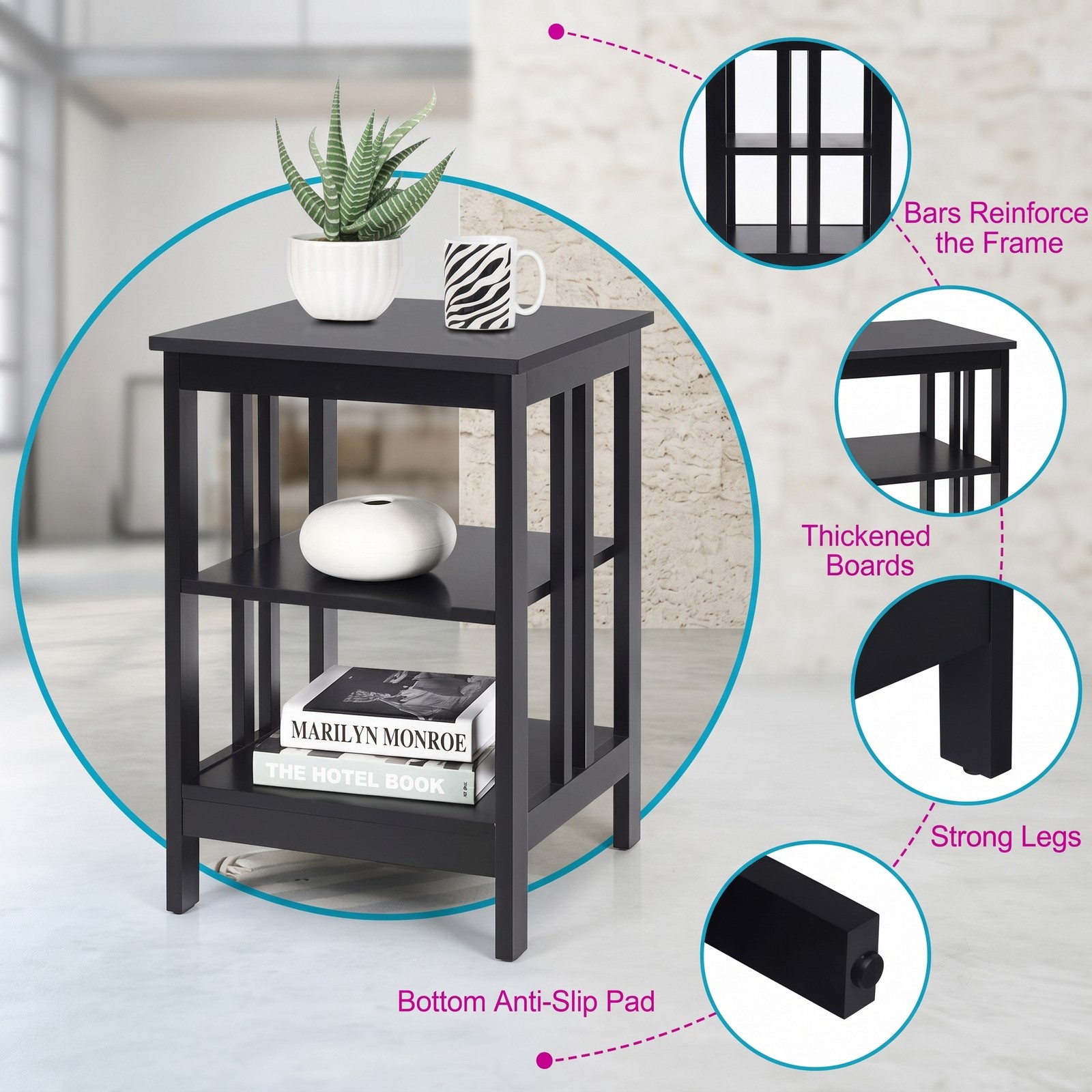 Furnibear 2 Pieces 3-Tier Nightstand, MDF Bedside End Side Table with Reinforced Bars, Open Shelf Storage Night Stand for Bedroom Living Room Entryway, Black