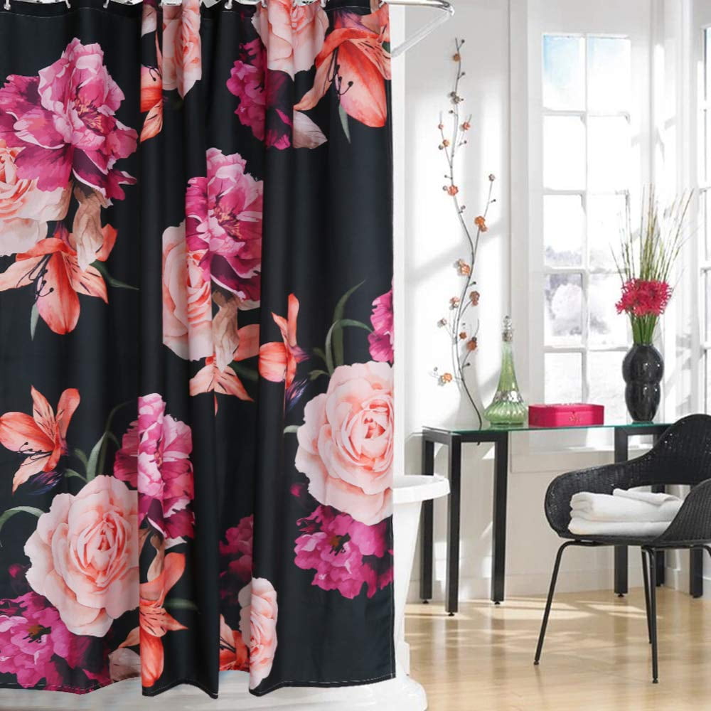 Floral Flower Peony Bathroom Fabric Shower Curtain Set With Hooks 71Inch Long 