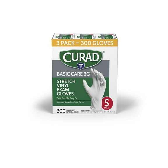 Curad Basic Care 3G Vinyl Exam Gloves, Small, 300 CT