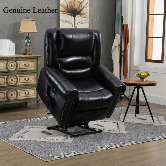 Miekor Furniture Power Lift Recliner Chair Heat Massage Dual Motor Infinite Position Up to 350 LBS, Genuine Leather, Heavy Duty Motion Mechanism with USB Ports, Black 00015