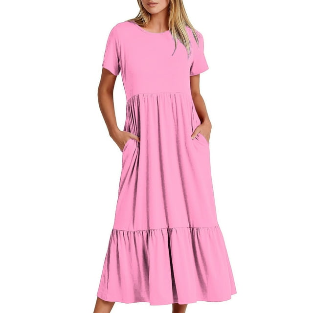KIHOUT Robe Femme Été Décontractée à Manches Courtes Col Ras du Cou Robe Décontractée Fluide à Volants Maxi Robe de Plage avec Poches