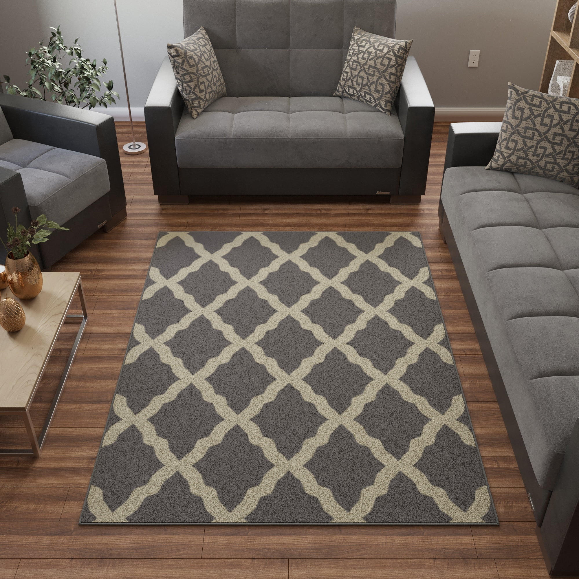Ottomanson Trellis Area Rug 5' x 6'6" - Non Slip Low Pile Carpet, Gray