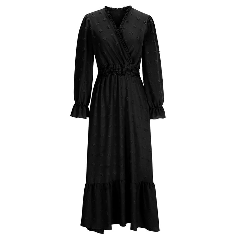 black church dresses plus size Yuxingfu Church Dresses for Women Maxi V-Neck Plus Size Womens Dress Long Sleeve Solid Color Long Casual Summer Black S, Women's, Size: Small