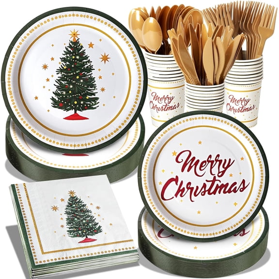175 Pcs Christmas Tree Party Supplies Table Set Christmas Paper Plates Napkins Cups Forks Knifes Spoons for Xmas Green and White Disposable Paper Dinnerware Table Decoration