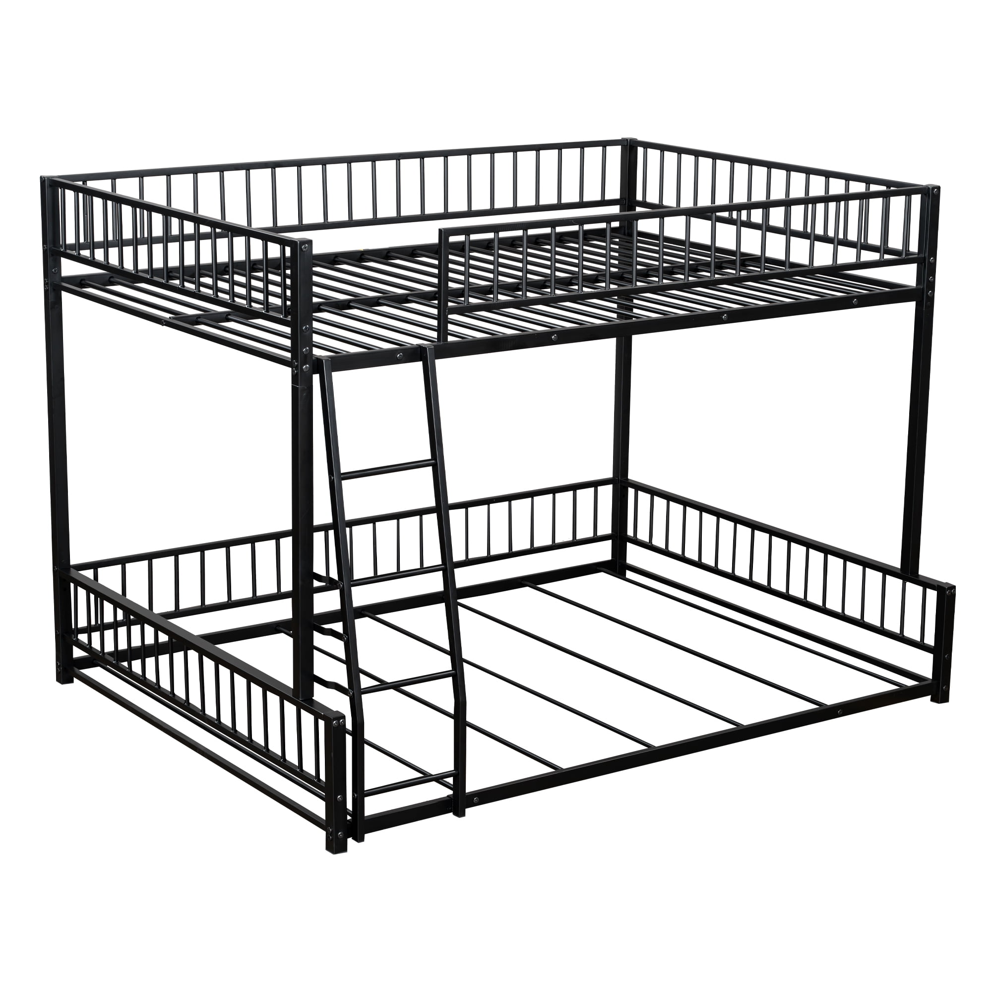 Full XL over Queen Bunk Bed, Heavy Duty Bunk Beds for Adults and Kids,Floor Bed Frame with Ladder and Safety Guardrails, Easy Assemble,Black