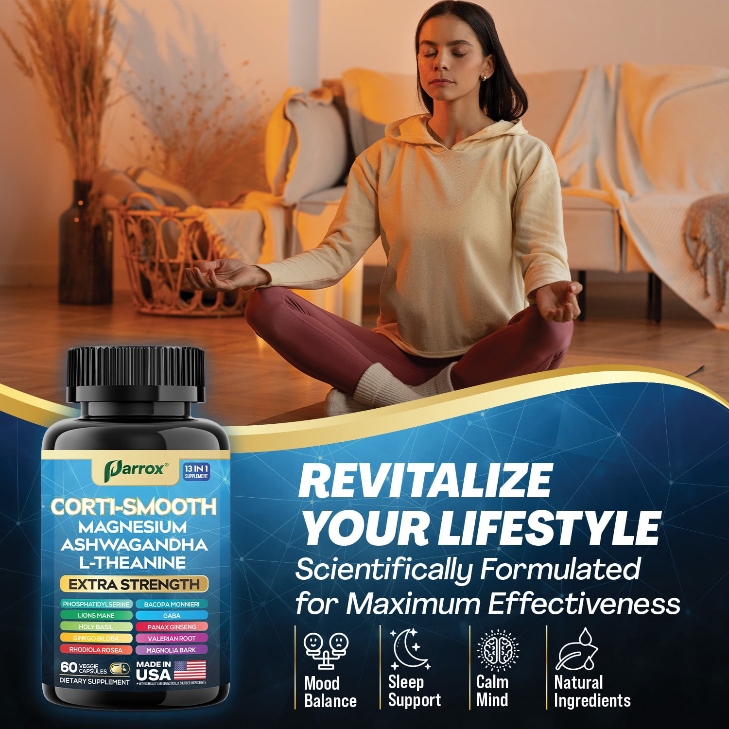 Parrox Corti-Smooth Cortisol Supplement Magnesium, L-Theanine, Ashwagandha, Phosphatidylserine, Valerian Root, Lions Mane, Bacopa Monnieri, Ginkgo Biloba, Panax Ginseng, Magnolia Bark, GABA (60 Caps)