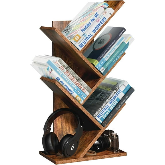 5 Tier Tree Book Shelf, Small Desktop Bookshelf with Storage Organizer, Wood Bookcase, Desk Display Bookshelves, Floor Standing Organizer Bookcases for Living Room,Bedroom,Office-Brown