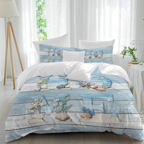 HOME Queen Size Comforter Set, Beach Coastal Starfish Shell Retro Blue Wood Grain Bedding for All Seasons, 4 Pcs Bed Set, 1Quiltcover (90"x92") ,1Sheet(94"x116"), 2Pillowcases (30"x20")