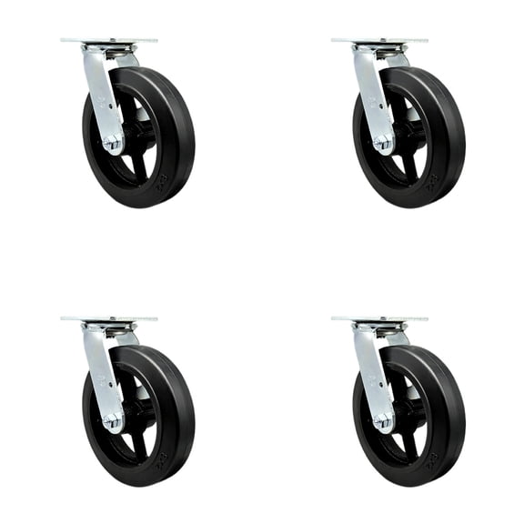 8 Inch Rubber on Steel Wheel Swivel Caster Set with Ball Bearings Service Caster