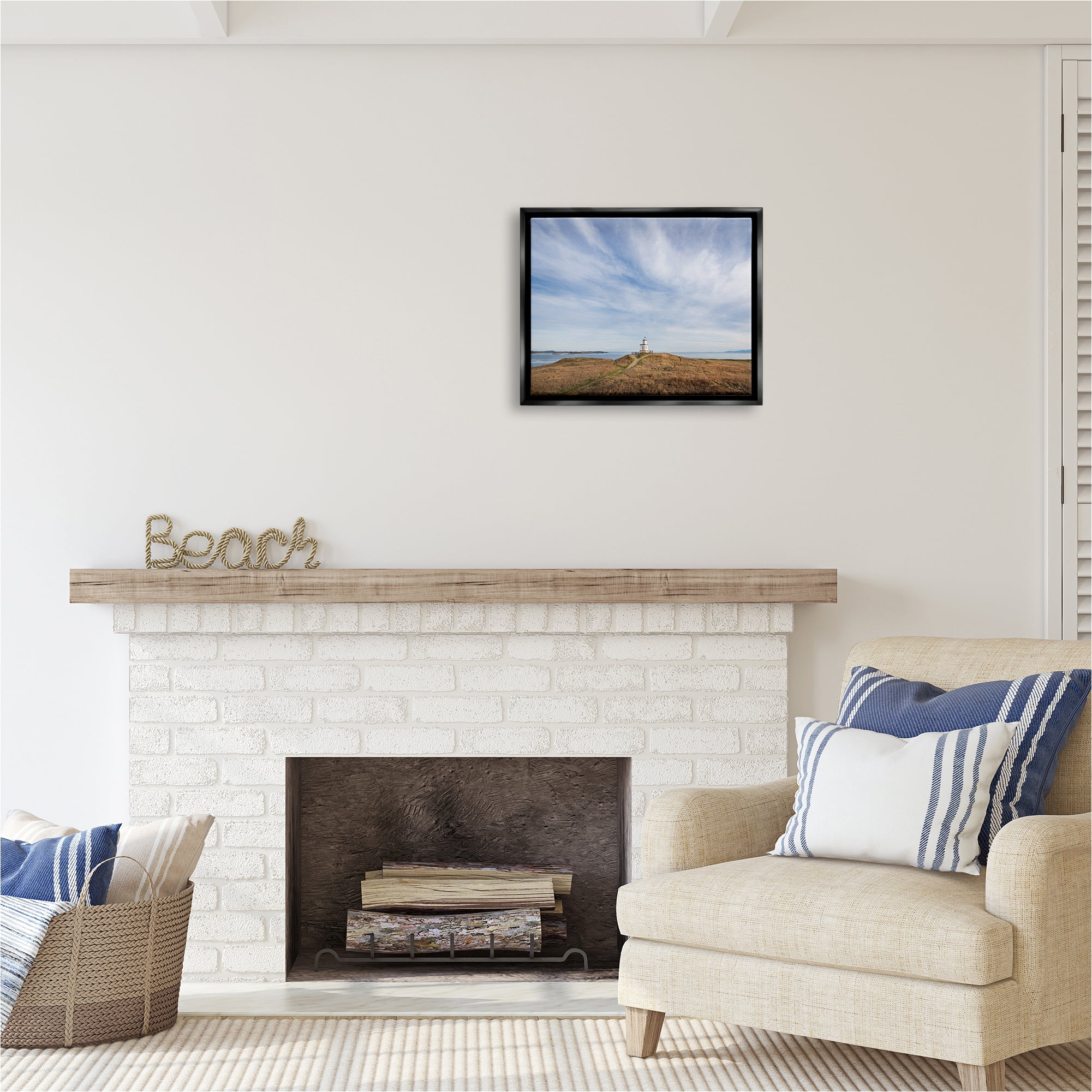 Stupell Industries Nautical Lighthouse Beacon Landscape Photography Black Floater Framed Canvas Art Print Wall Art, 21 x 17