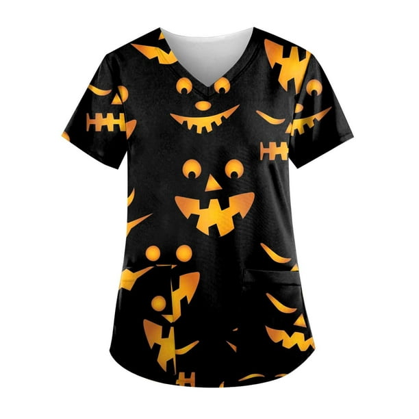 TopLLC Femmes Halloween Gommages Plus Taille Tops Mode Femme Causale V-Cou Impression Blouse Manches Courtes T-Shirt Casual Halloween Poches Tops Infirmière Chemises Halloween Costume