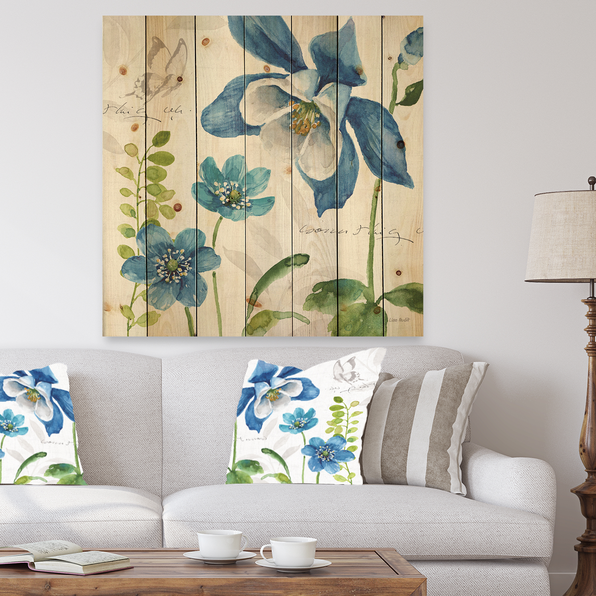 Designart 'Butterfly With Blue Columbine Flowers' Cabin & Lodge Print on Natural Pine Wood