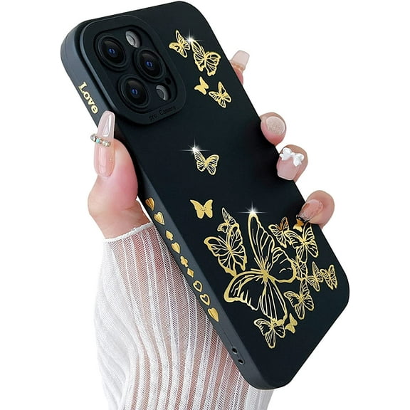 Compatible with iPhone 13 Pro Max Case, with Gold Butterfly Pattern Soft TPU Shockproof Case for Women Girls Men Side Cute Plated Heart Pattern Slim Phone Case (Wine Red)