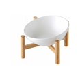 thumbnail image 1 of Porta cuencos elevado blanco Cuenco inclinado para perros y gatos Cerámica con soporte de madera de bambú Pequeño, 1 of 4