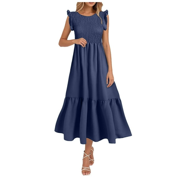 felwors Women's 2025 Summer Casual Flutter Short Sleeve Crew Neck Smocked Elastic Waist Tiered Midi Dress Navy, S