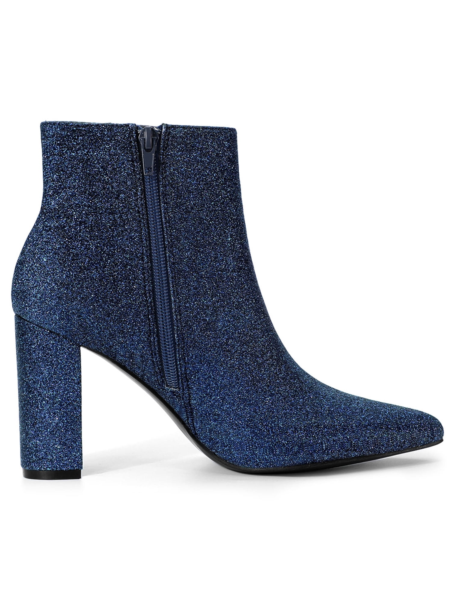 Unique Bargains Women's Glitter Pointed Toe Chunky Heel Ankle Boots Navy Blue 7