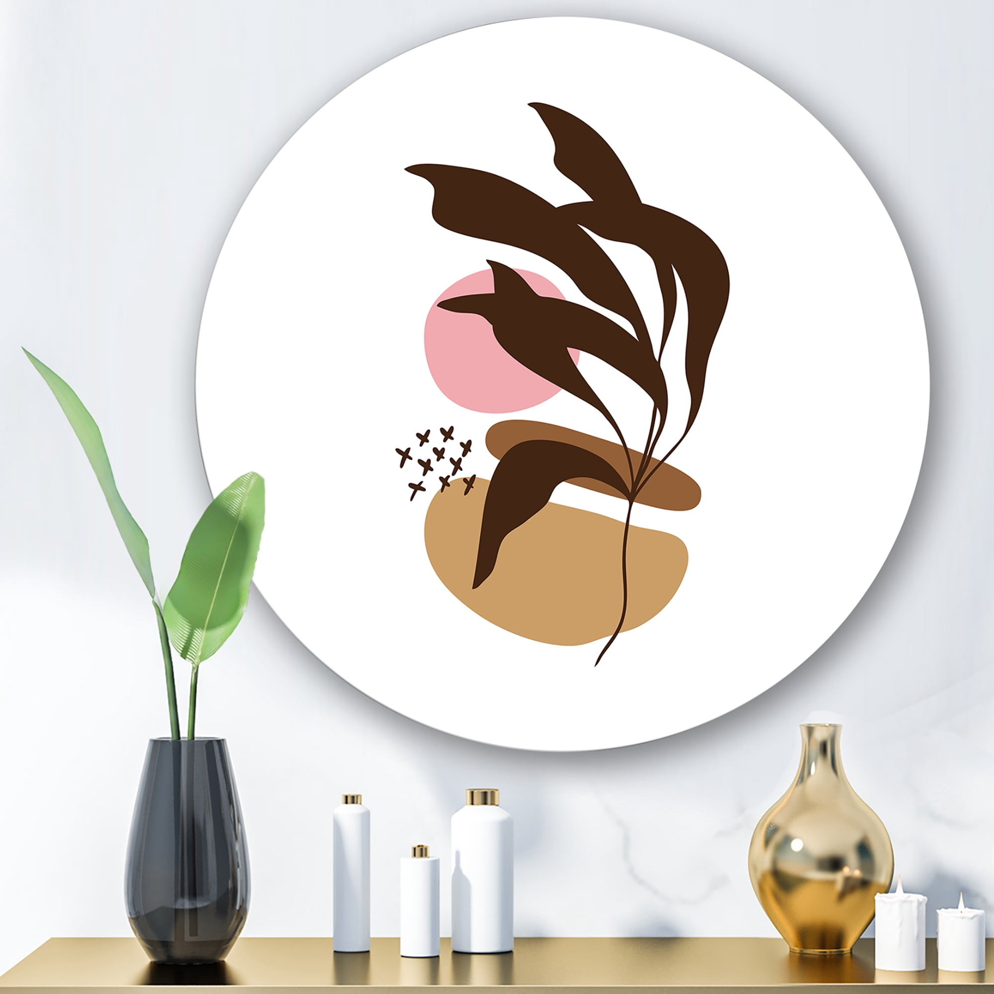 Designart 'Abstract Plants With Elementary Shapes' Modern Circle Metal Wall Art 23x23 - Disc of 23