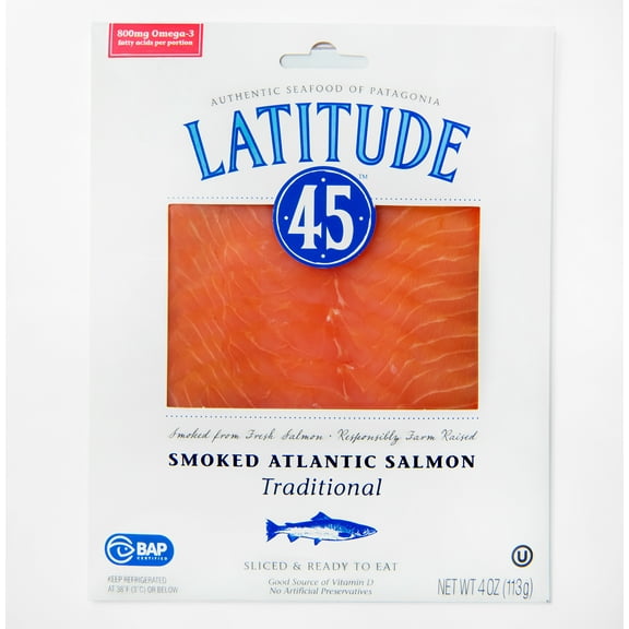 Latitude 45 Cold Smoked Atlantic Salmon, 4 oz. Serving size 2 oz, 2 Servings per Container