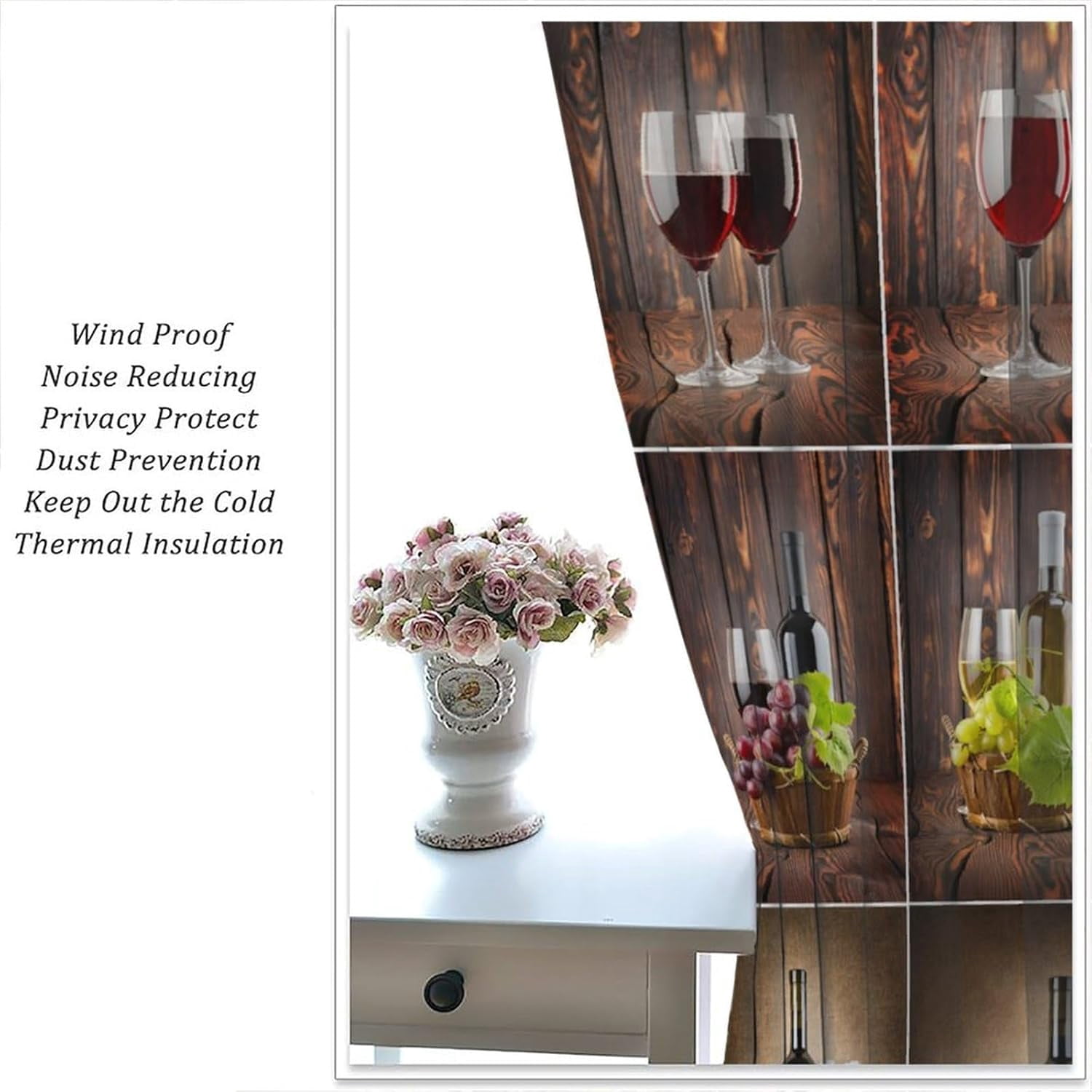 Wine Curtains Drink Themed Collage Wooden Backdrop Grapes and Meat Rustic Country Theme Curtain with Rod Pocket for Bedroom Living Room Drapes Window Treatments 2 Panels Set 42" W X 84" L