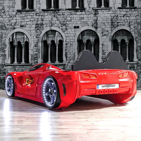 GTM Twin Race Car Bed for Kids with LED Headlights, Sound FX, Remote Control and Realistic Design, Sturdy and Fun Sleep Solution
